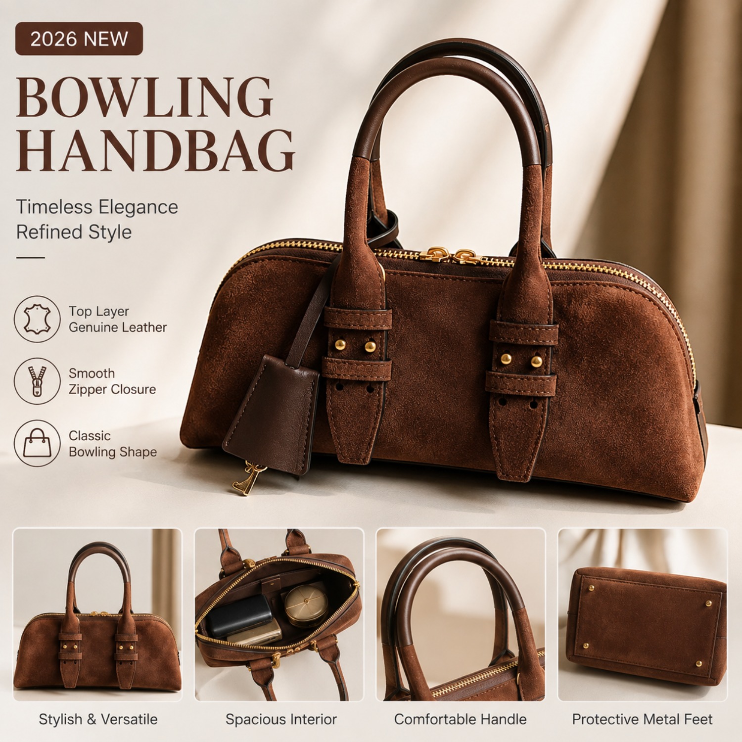 Structured Handbag Top Handle - حقيبة بولينج نسائية من الجلد الطبيعي،